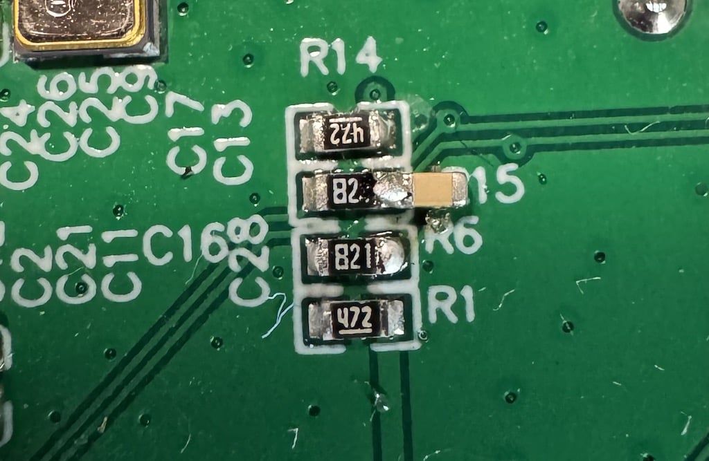 In-progress photo of adding a single capacitor