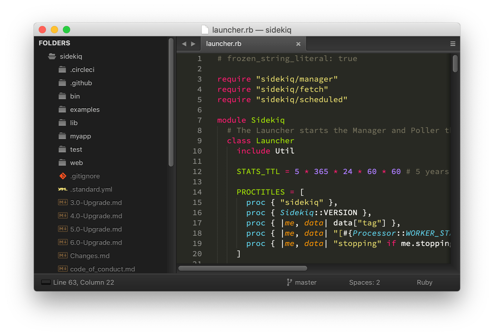 Sublime Text 3 on macOS with Sidekiq source file open